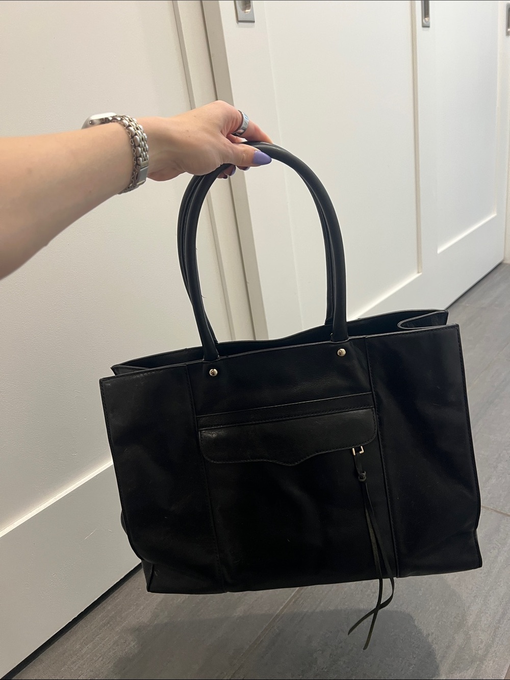 Rebecca Minkoff Black Leather Tote Bag with Front Pocket - Women